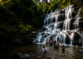 Chingra Pagar Waterfall in Gariyaband, Chhattisgarh surrounded by lush forest with visitors enjoying the natural waterfall.