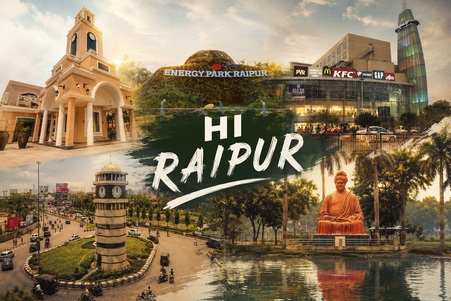 Hi Raipur city collage featuring iconic Raipur landmarks, Energy Park, shopping destinations, Ghadi Chowk and Swami Vivekananda Sarovar